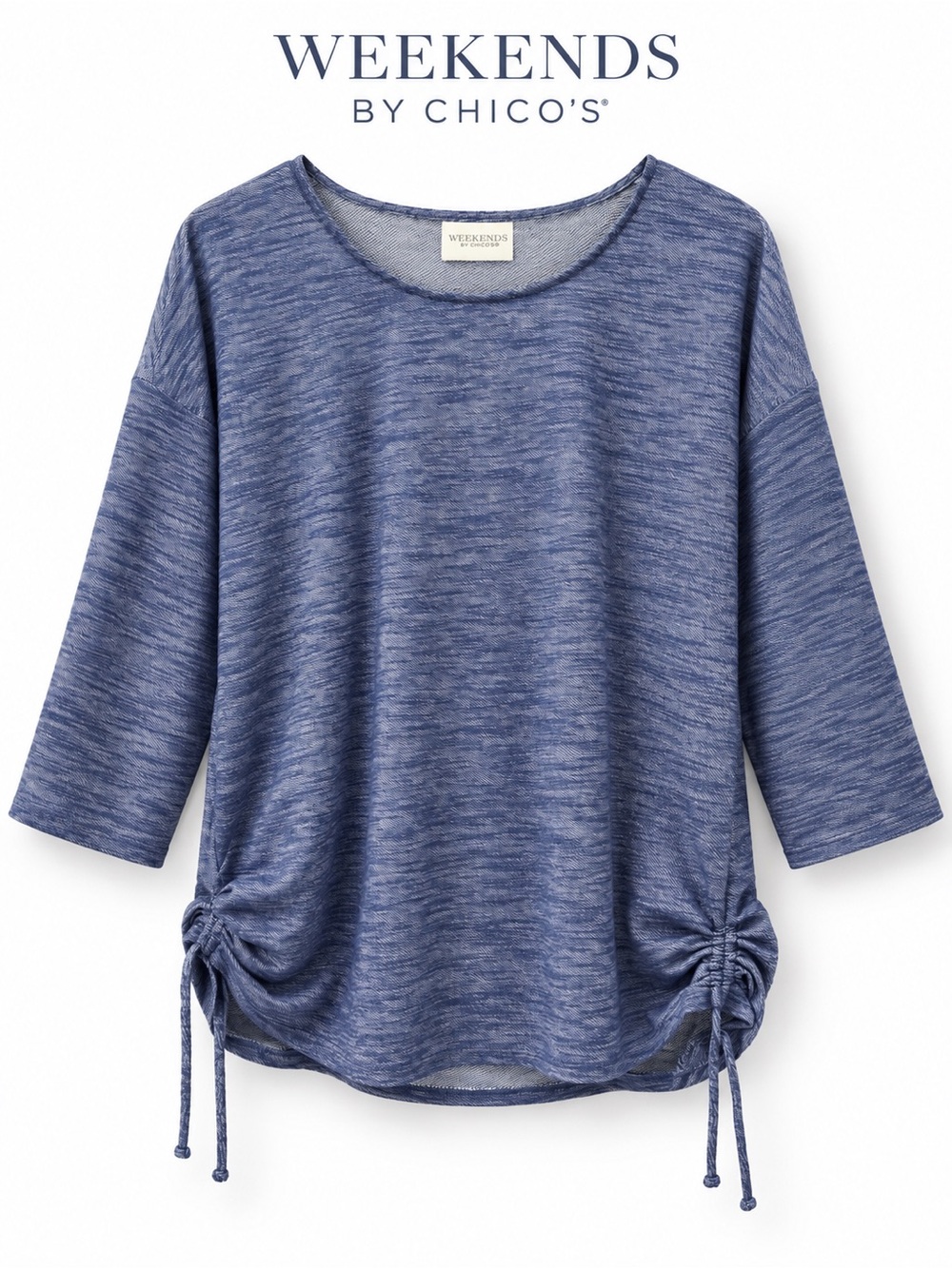 Weekends by Chico’s Size 3 Blue Ruched Drawstring Side 2/3 Sleeve Top
